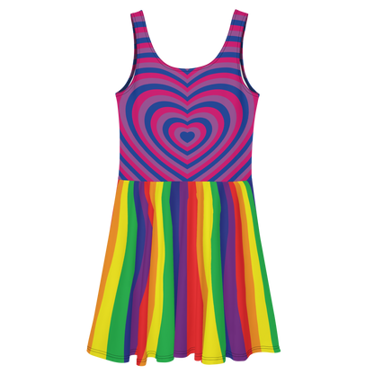 Bi Hearts with Rainbow Stripes Skater Dress