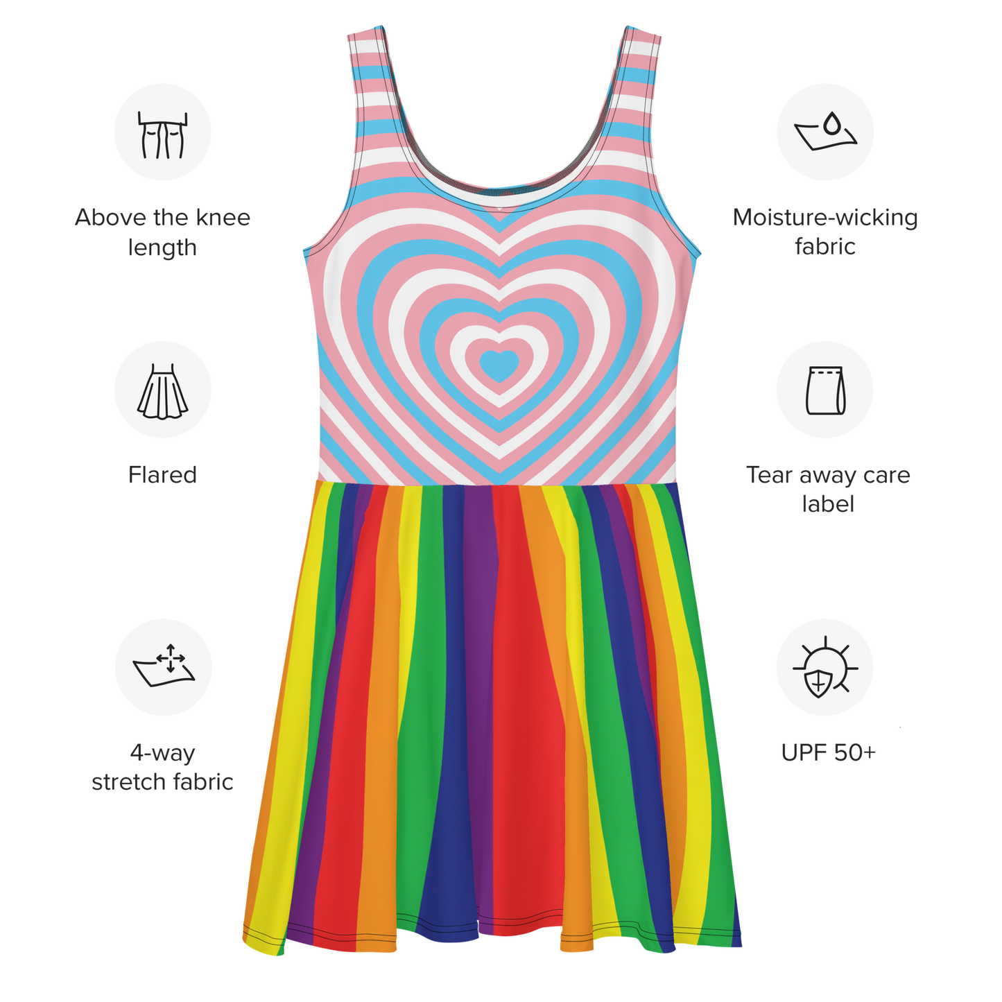 Trans Hearts with Rainbow Stripes Skater Dress