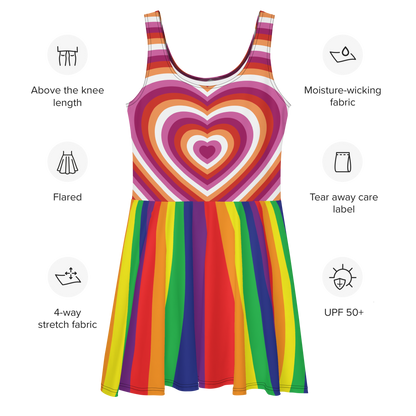 Lesbian Hearts with Rainbow Stripes Skater Dress