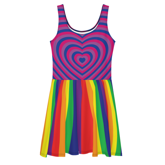 Bi Hearts with Rainbow Stripes Skater Dress