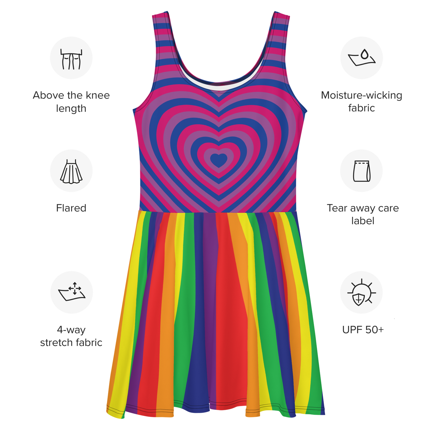 Bi Hearts with Rainbow Stripes Skater Dress