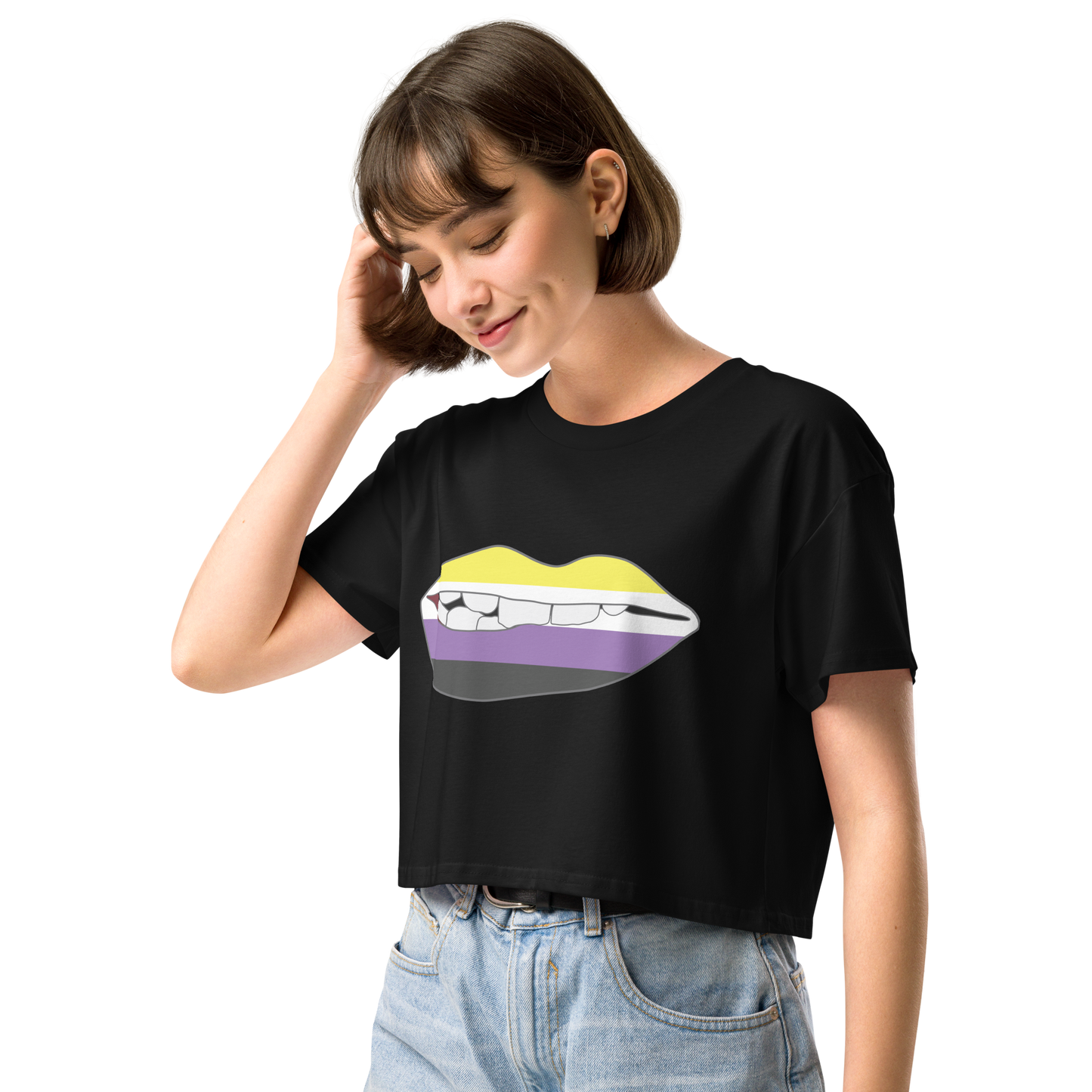 Biting Lips - Non-binary Flag Women’s crop top