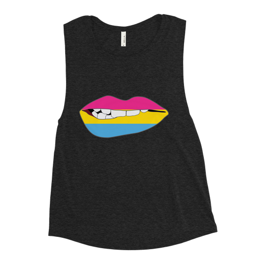 Biting Lips - Pansexual Flag Ladies’ Muscle Tank