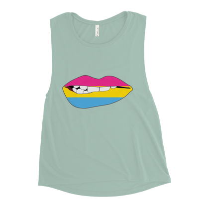 Biting Lips - Pansexual Flag Ladies’ Muscle Tank