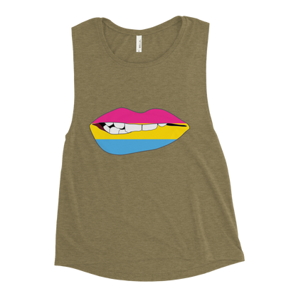 Biting Lips - Pansexual Flag Ladies’ Muscle Tank