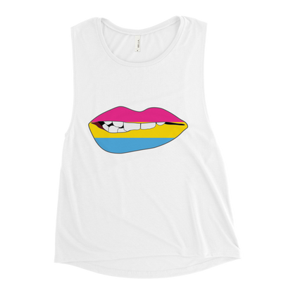 Biting Lips - Pansexual Flag Ladies’ Muscle Tank